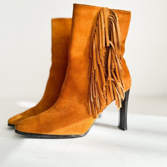 Vintage Predications Leather Collection Brown Suede Fringe Pointy Toe Boots 7.5 - Picture 4 of 10